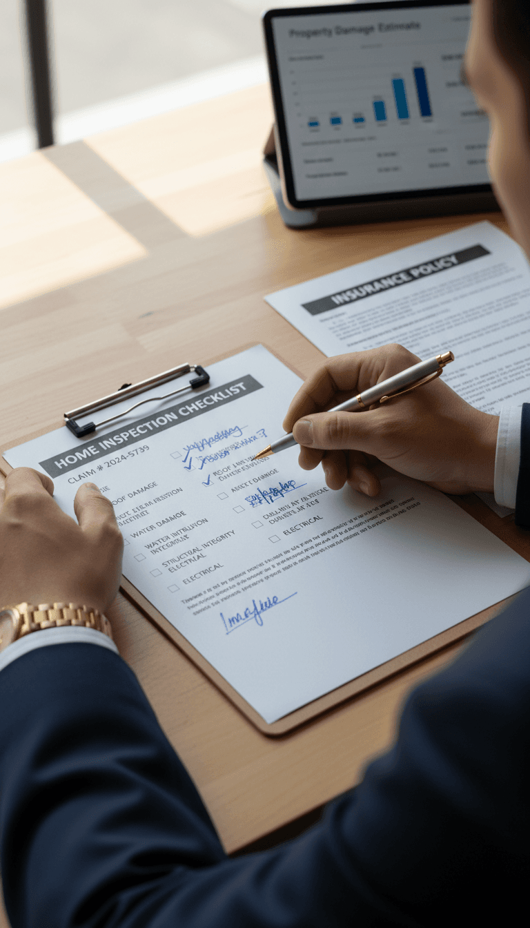 Hands of a public adjuster reviewing a policy document on a clipboard